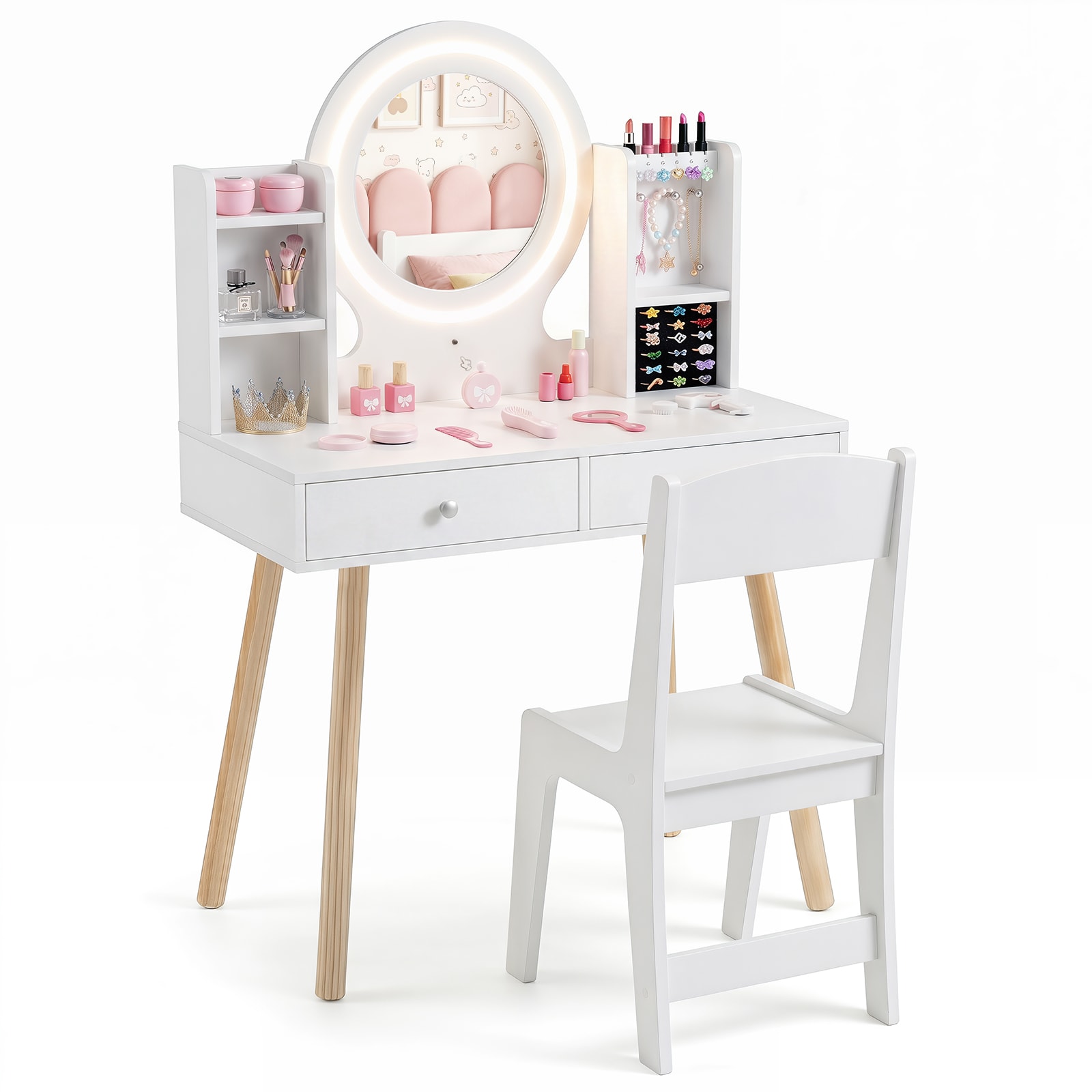 Costway Kids Vanity Set with Lights Princess Vanity Desk Set with LED Lighted Mirror