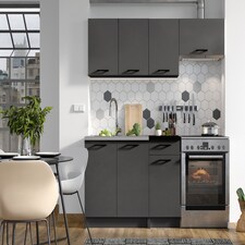 Kitchen Cabinets 5 Units Black Grey Complete Kitchenette Small Set 180cm DIY Fitted Kitchen Package with Worktop Lina