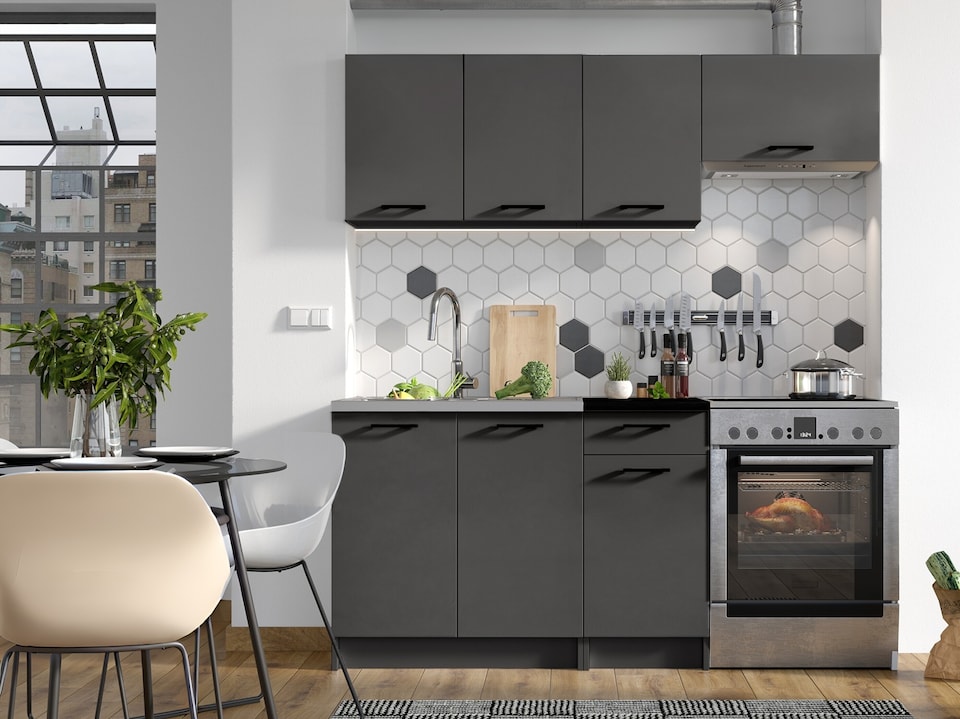 image 1 of Kitchen Cabinets 5 Units Black Grey Complete Kitchenette Small Set 180cm DIY Fitted Kitchen Package with Worktop Lina