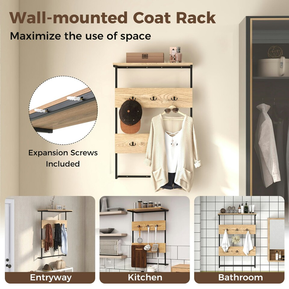 image 1 of COSTWAY Entryway Coat Rack Wall Mounted Coat Rack w/6 Hooks N/A | One Size