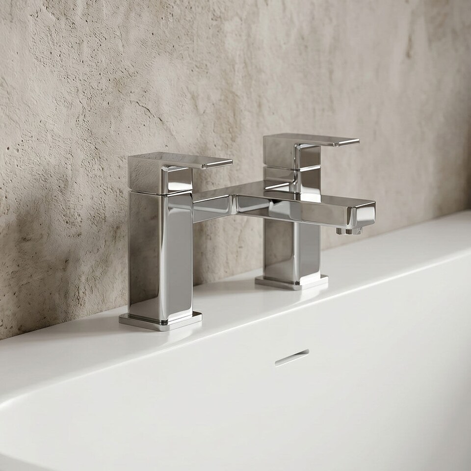 image 1 of Balterley Square Deck Mounted Bath Filler Tap with Dual Levers, Waterfall Spout | Silver | Chrome | 1