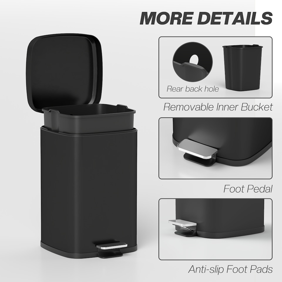 image 1 of HOMCOM 20 Litre Pedal Bin, Fingerprint Proof Kitchen Rubbish Bin with Soft-close Lid, Foot Pedal and Removable Inner Bucket for Recycling and Waste, Black | Black | 1