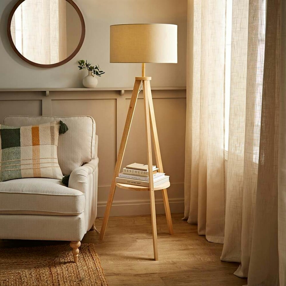 image 1 of ValueLights Morrigan Natural Shade Wood Tripod Floor Lamp | Cream