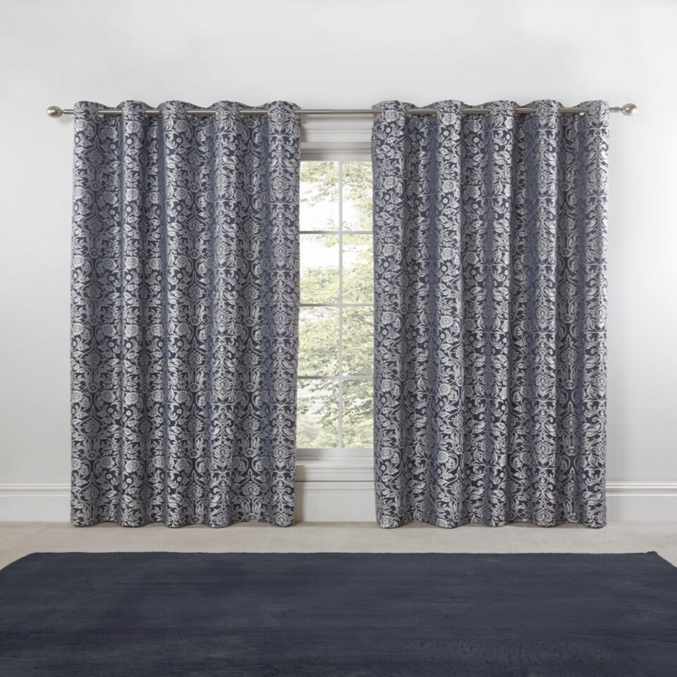 image 1 of Harrow Lined Eyelet Jacquard Curtains 228cm x 228cm Navy Blue | Blue