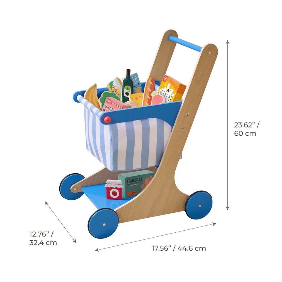 image 1 of Teamson Kids Little Helper Mr. Fresh Wooden Shopping Cart with 13 Play Food Items, Soft Wheels, Ergonomic Handle & Fabric Basket for Toddlers - Blue