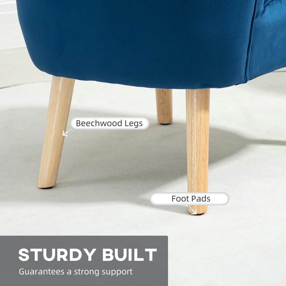 image 1 of HOMCOM Velvet-Feel Accent Chair w/ Ottoman Tub Seat Padding Wood Legs Dark Blue