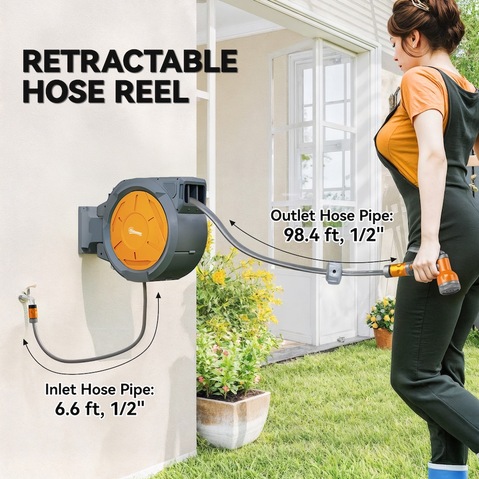 image 1 of Outsunny Retractable Hose Reel Wall Mounted, 302m Garden Hose Pipe Reel with Lock, Auto Rewind, 7 in 1 Spray Nozzle, Includes Wall Fixings, 180 Swivel, Outdoor Watering, 59 x 23 x 42 cm, Orange