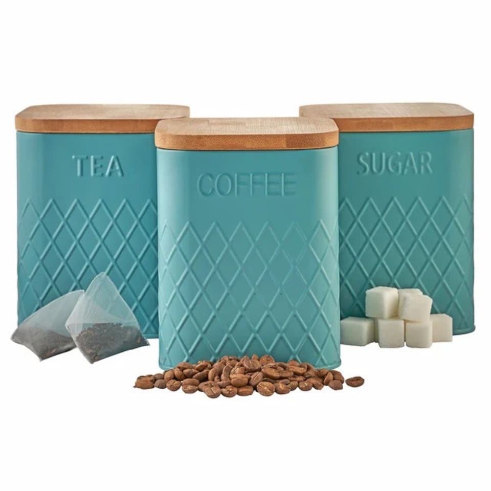 image 1 of Cooks Professional 3-Piece Square Kitchen Storage Set with Bamboo Lids | Tea Coffee & Sugar Cannisters | Teal