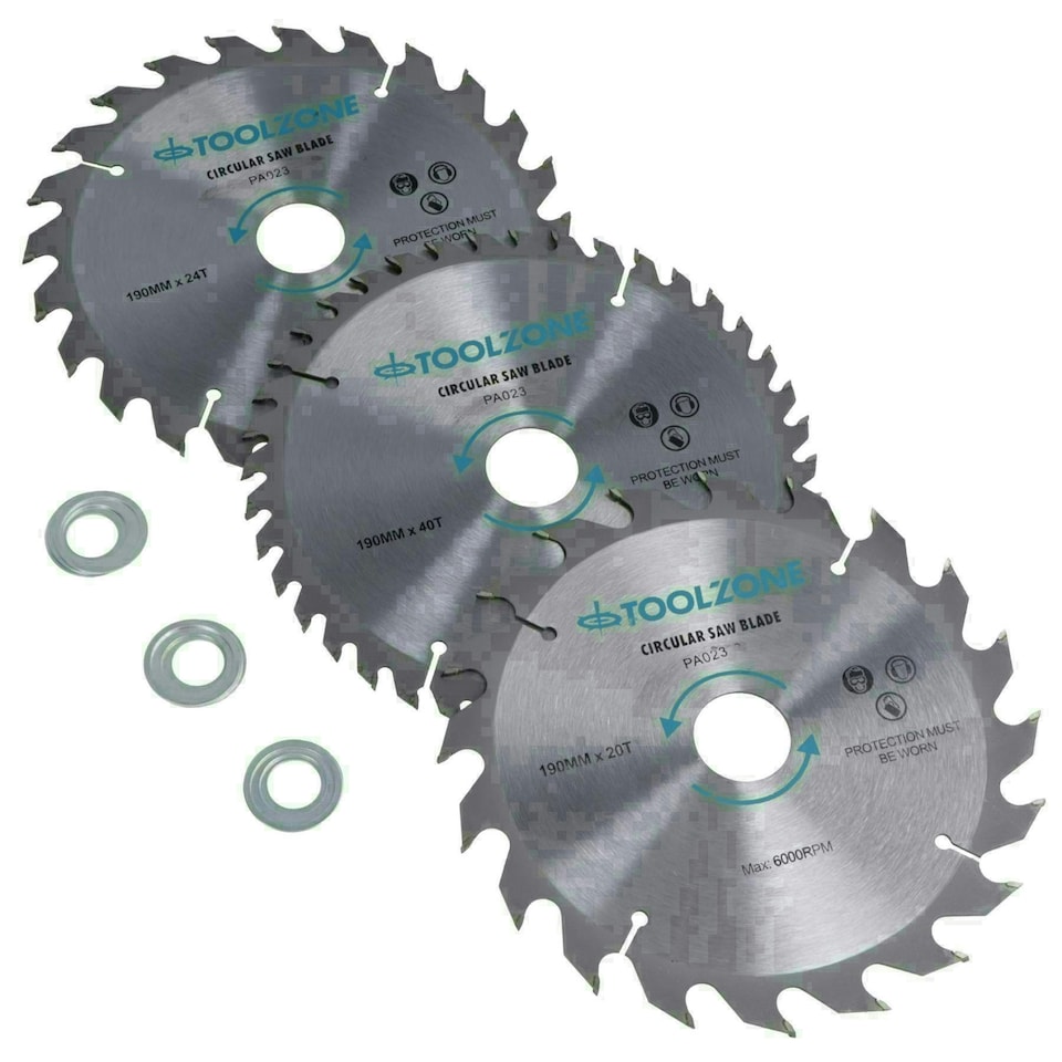 image 1 of 3pc 190mm TCT circular saw blades 20 / 24 and 40 teeth INC adapter rings TE522