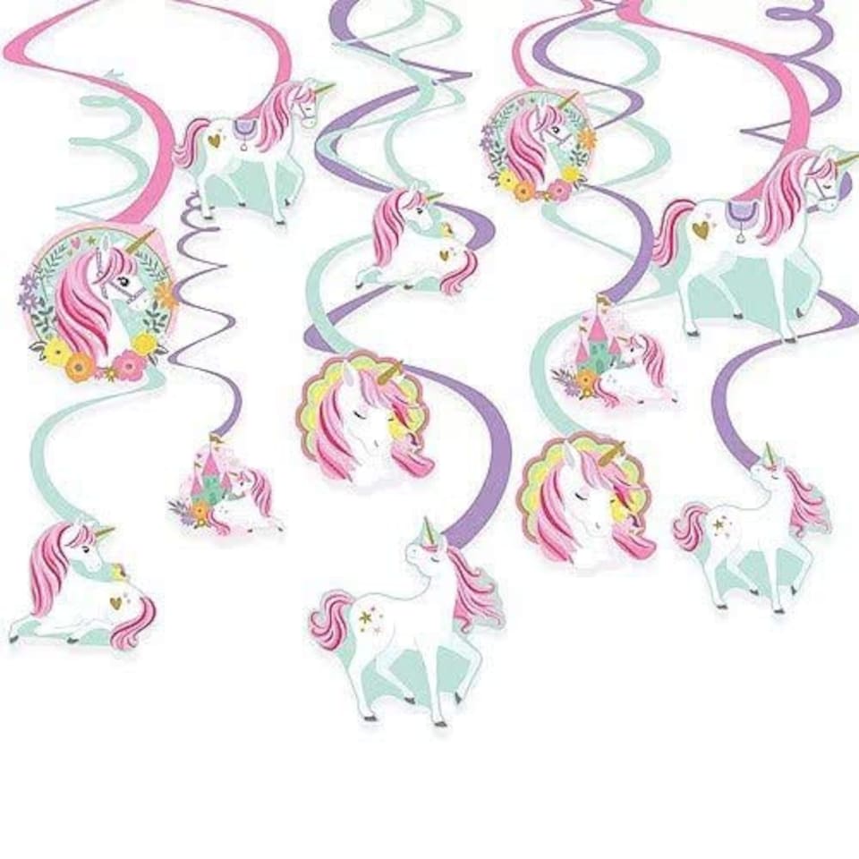 Magical Unicorn Party Hanging Swirl Decorations - Pack of 12