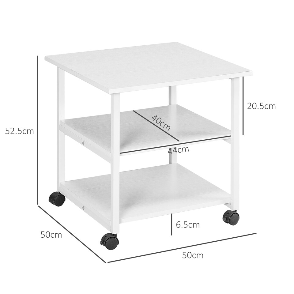 image 1 of HOMCOM 3-Tier Printer Stand with Storage Shelf, Mobile Printer Table on Wheels, 50 x 50 x 52.5cm Rolling Printer Cart for Home Office, White