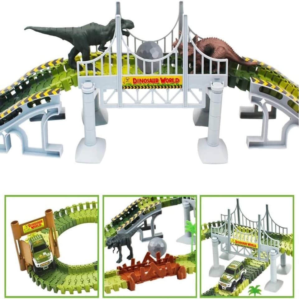 image 1 of Dino World Flexible Slot Car Race Track Set – 144-Piece Dinosaur Track Playset with Battery-Operated Car, Light-Up Features, Bridges & Accessories