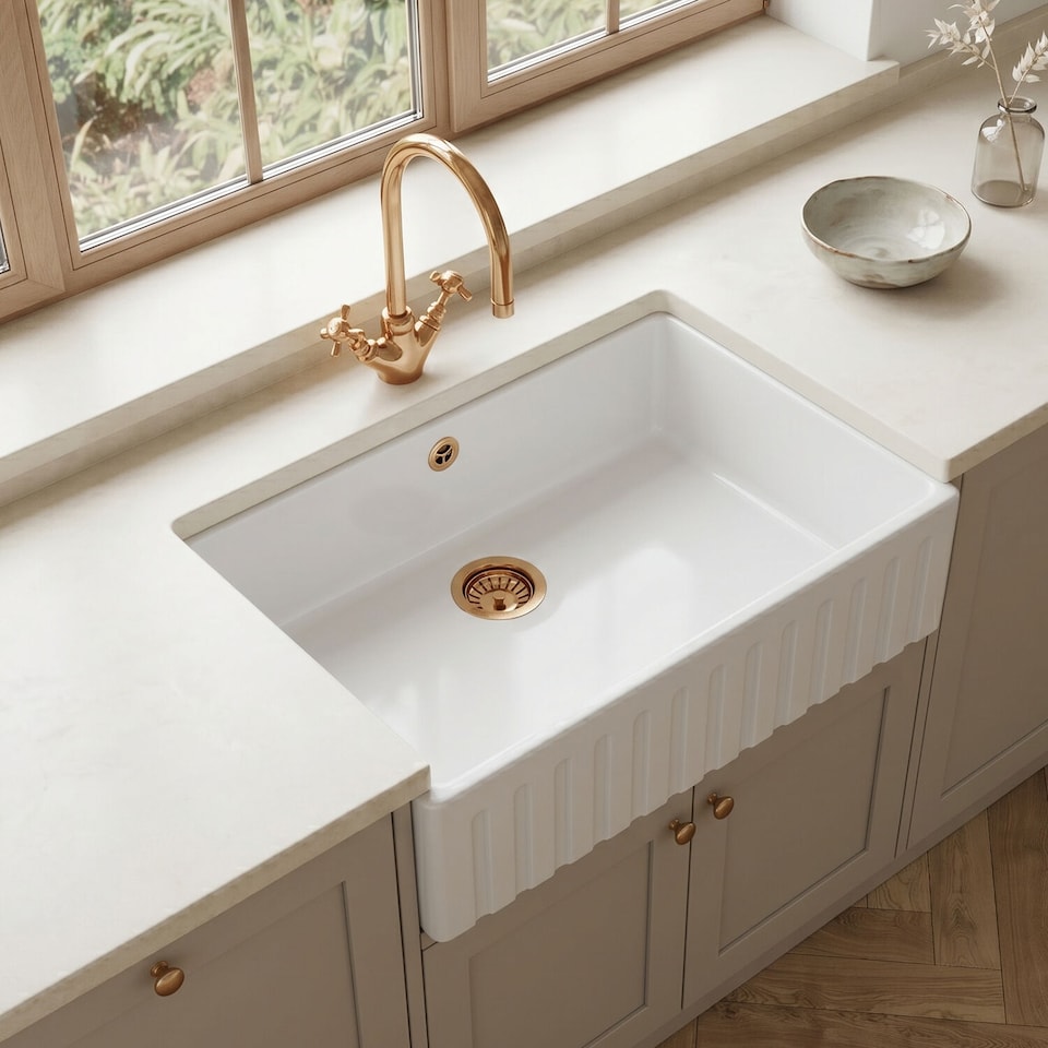 image 1 of Balterley Fireclay Kitchen Single Bowl Fluted Front Butler Sink - with Overflow | White | White | 1