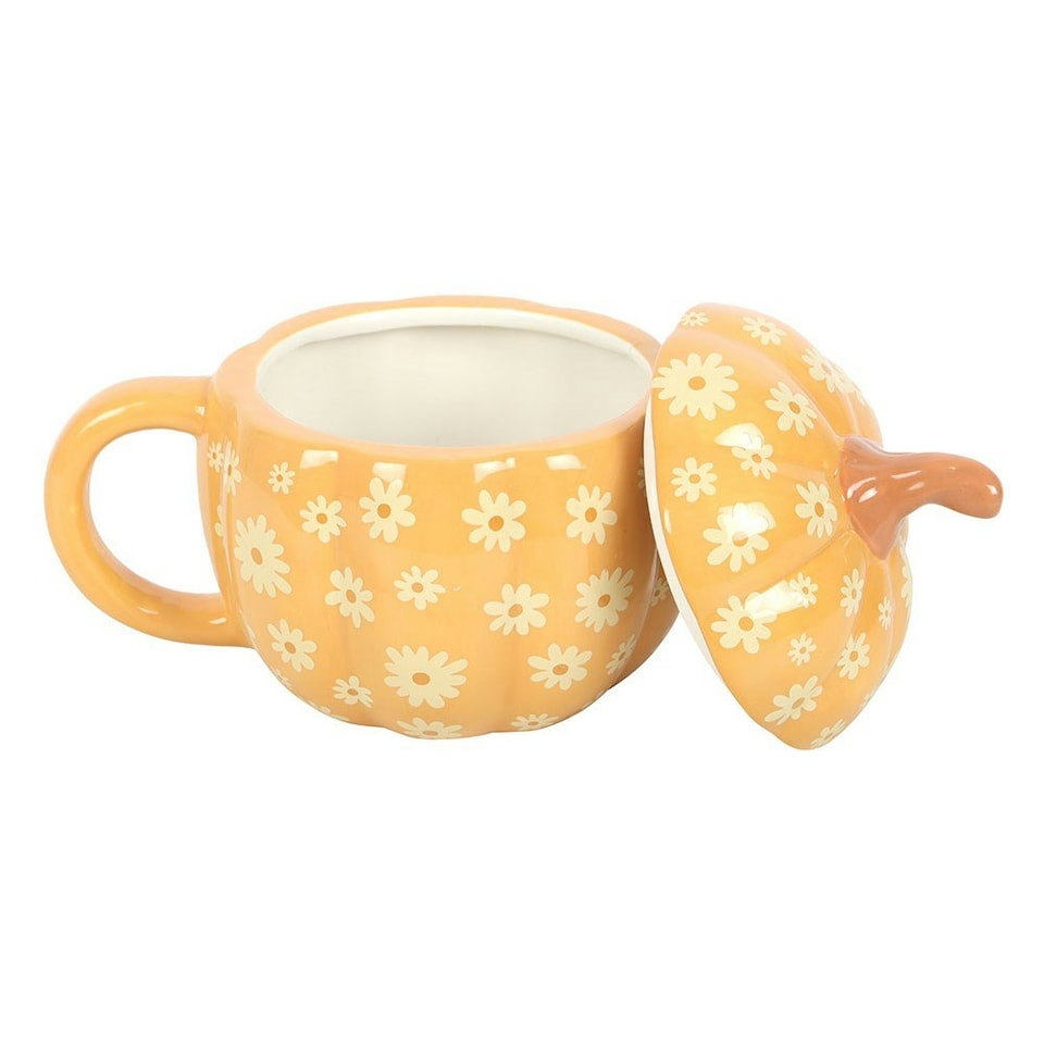 image 1 of Ceramic Groovy Floral Pumpkin Lidded Mug Orange