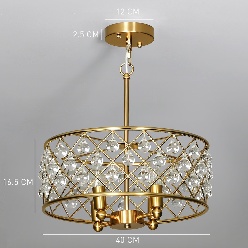 image 1 of HOMCOM Crystal Chandelier with Adjustable Height, 4-Light Modern Flush Mount Ceiling Light, Hanging Chandelier with E14 Base for Living Room, Bedroom, Dining Room, Bulb Not Included, Gold Tone | Gold