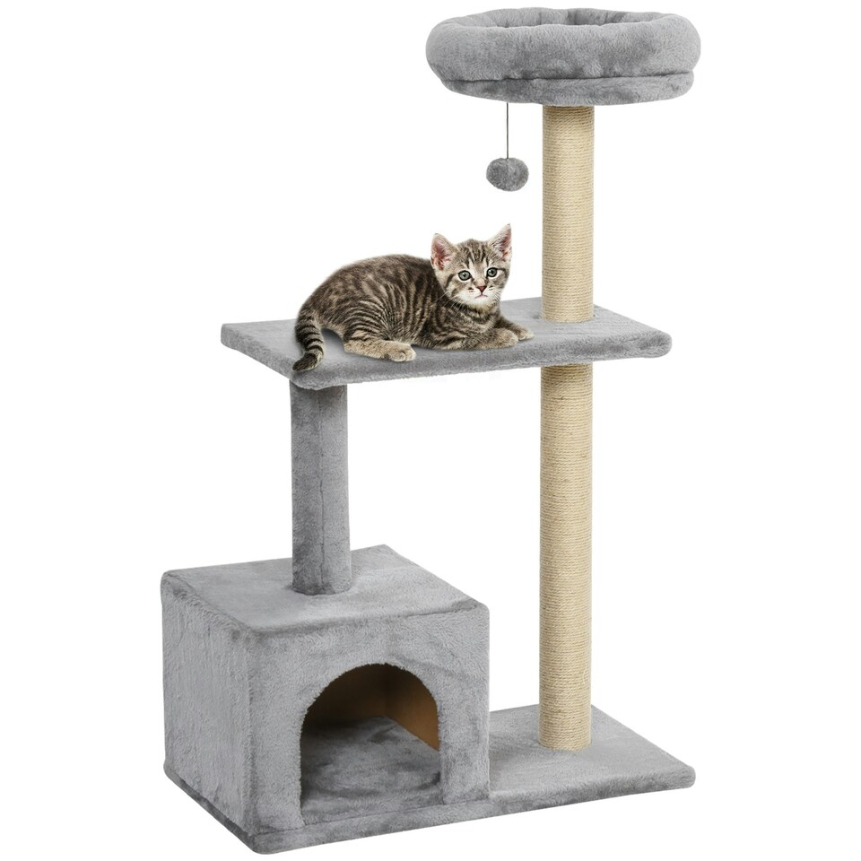 image 1 of PawHut Cat Tree Tower Indoor with Condo Sisal Scratch Post, 96cm Tall, Grey