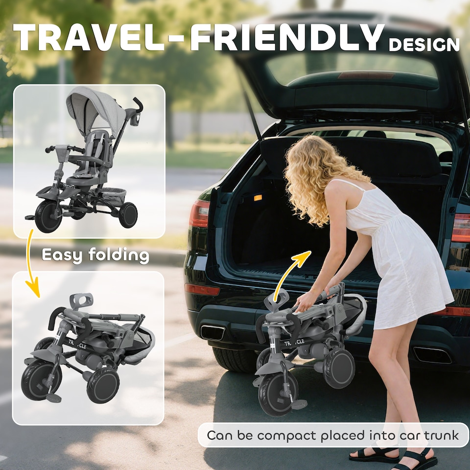 image 1 of AIYAPLAY Kids Trike, Toddler Tricycle 6 in 1 Foldable Baby Trike with Adjustable Parent Handle & Canopy, Convertible Seat, 5-Point Harness, Storage Basket & Bag for Ages 1-5 Years, Grey