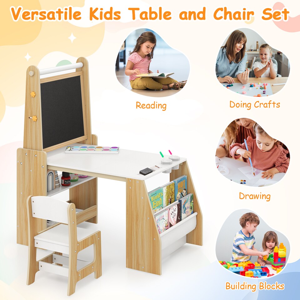 image 1 of COSTWAY Kids Art Table and Chair Set Multifunctional Kids Activity-Natural