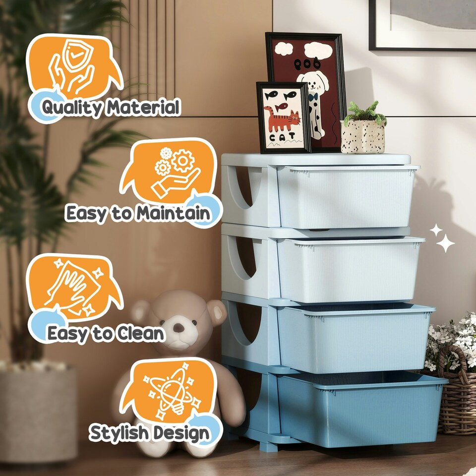 image 1 of HOMCOM Kids Storage Units with Drawers 3 Tier Chest Dresser Tower Blue | 37 x 37 x 76 cm