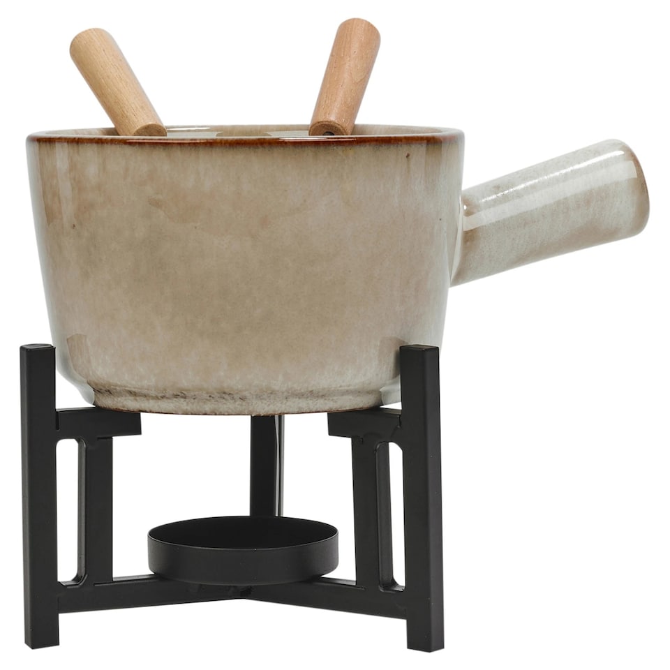 image 1 of Ceramic Chocolate Cheese Fondue Set Melting Pot with 2 Fruit Forks in Gift Box