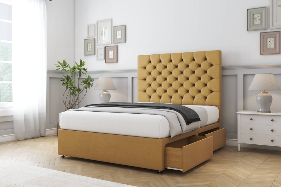 image 1 of Sloomy Mayfair Mustard Plush Divan Bed With Mattress No Drawers With 54" Floor Standing Headboard 6' Super King | Gold | Mustard | Super King | 1