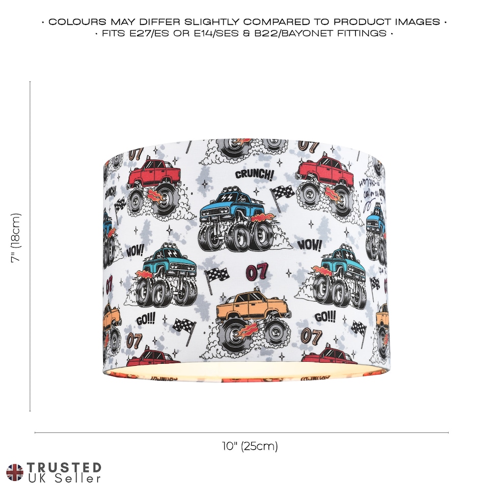 image 1 of Modern and Colourful Monster Trucks Kids Cotton Fabric Drum Lamp Shade - 25cm | Multi | 10"