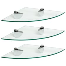 Harbour Housewares 3x Floating Glass Corner Shelves - 30cm - Silver Brackets - Bathroom Shower Storage Vanity Display Unit Shelf | Silver | Clear/Chrome | 30 x 30 x 0.5 CM | 3