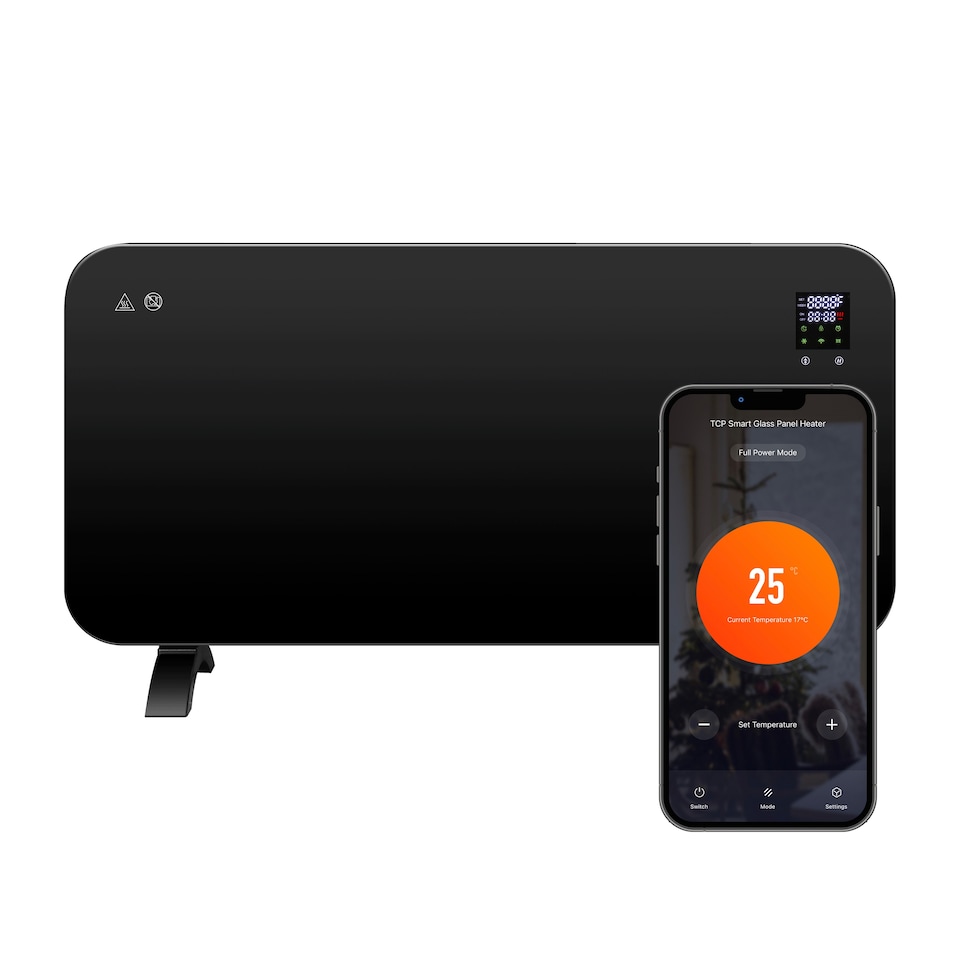 image 1 of TCP Smart WiFi Glass Panel Heater 2000W, Alexa Compatible, Open Window Detector, Wall Mounted & Freestanding Black Heater