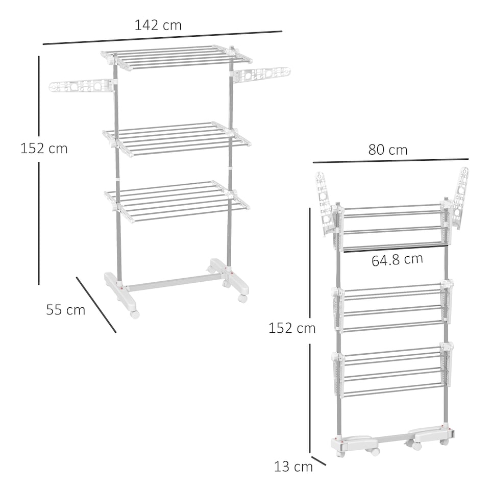 image 1 of HOMCOM 3-Tier Clothes Airer, Stainless Steel Foldable Clothes Drying Rack with Wheels and Wings, Indoor and Outdoor, Easy Assembly, 142 x 55 x 152cm, White