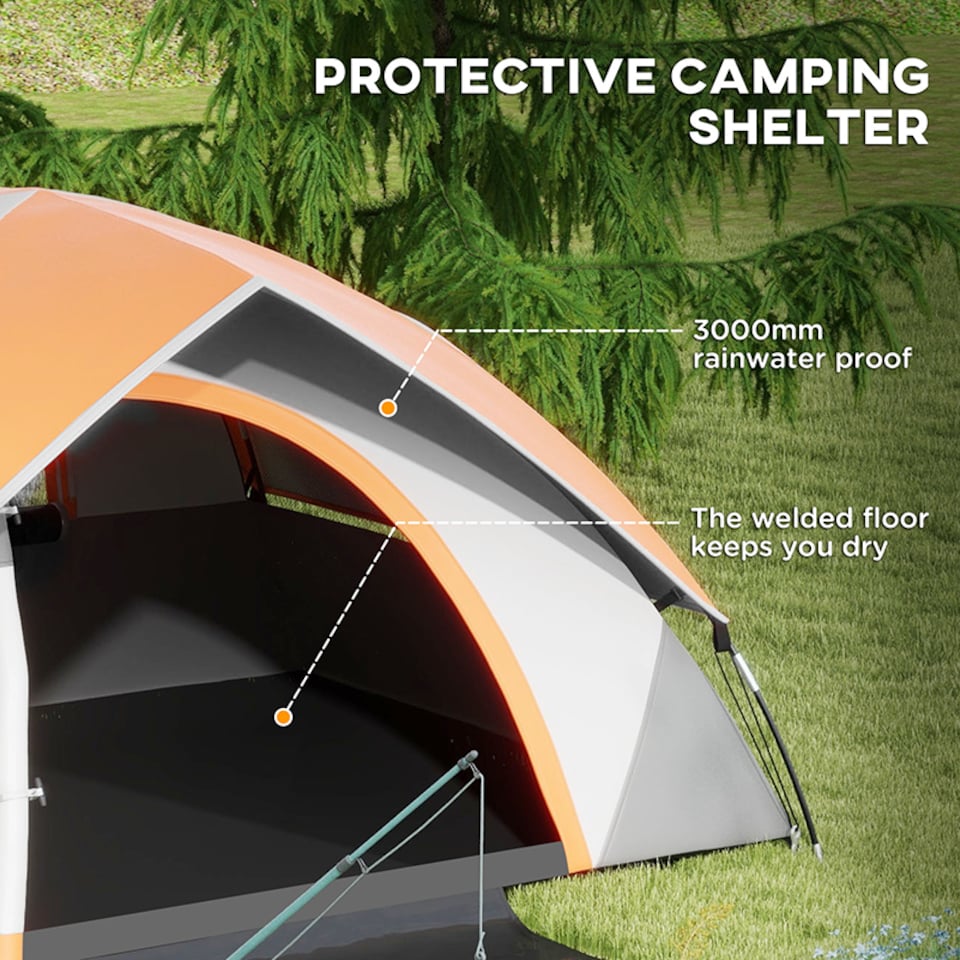 image 1 of Outsunny 2 Man Camping Tent w/ Sewn-in Groundsheet, 3000mm Waterproof, Orange | Orange | Grey and Orange