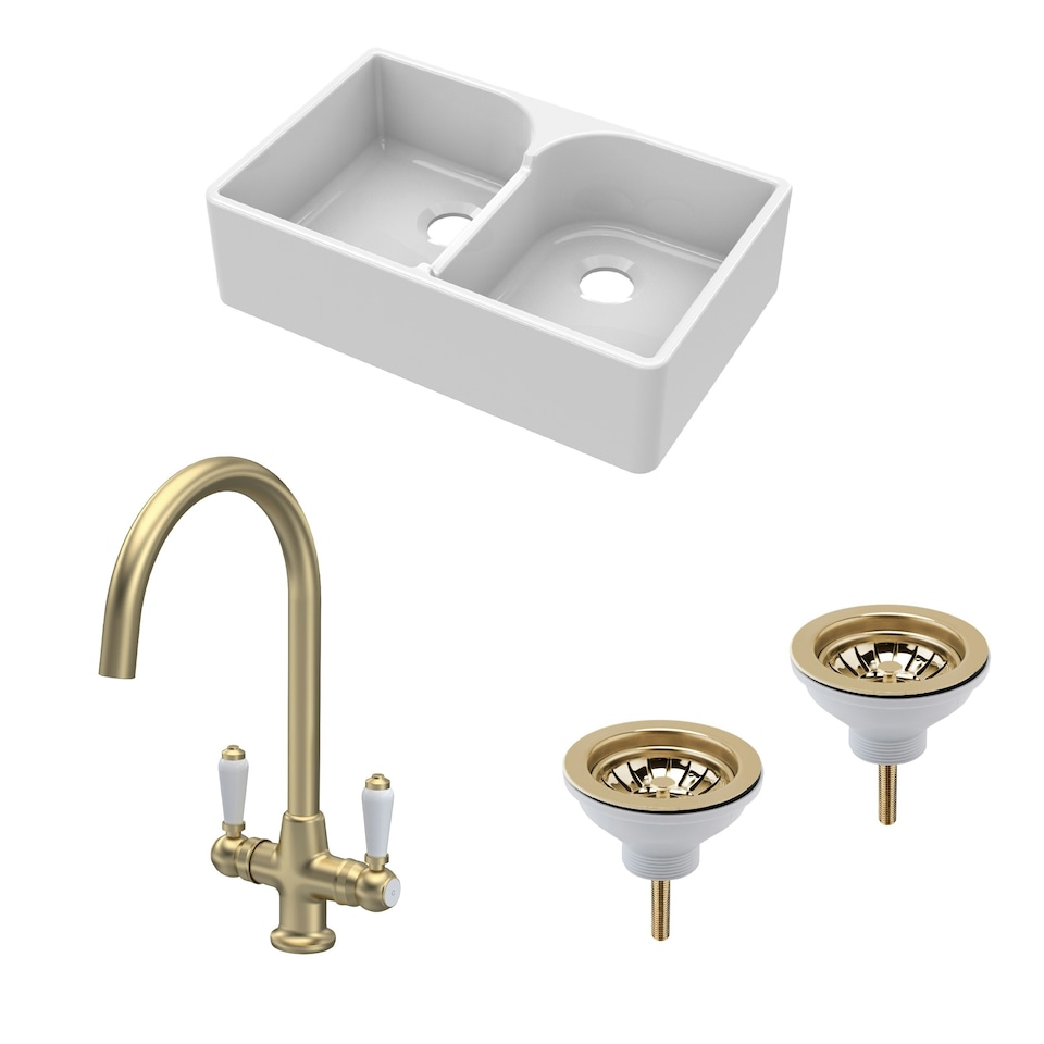 image 1 of Fireclay Kitchen Bundle - Double Bowl Stepped Weir Butler Sink, Wastes & Mono Lever Tap, 795mm - Brushed Brass - Balterley
