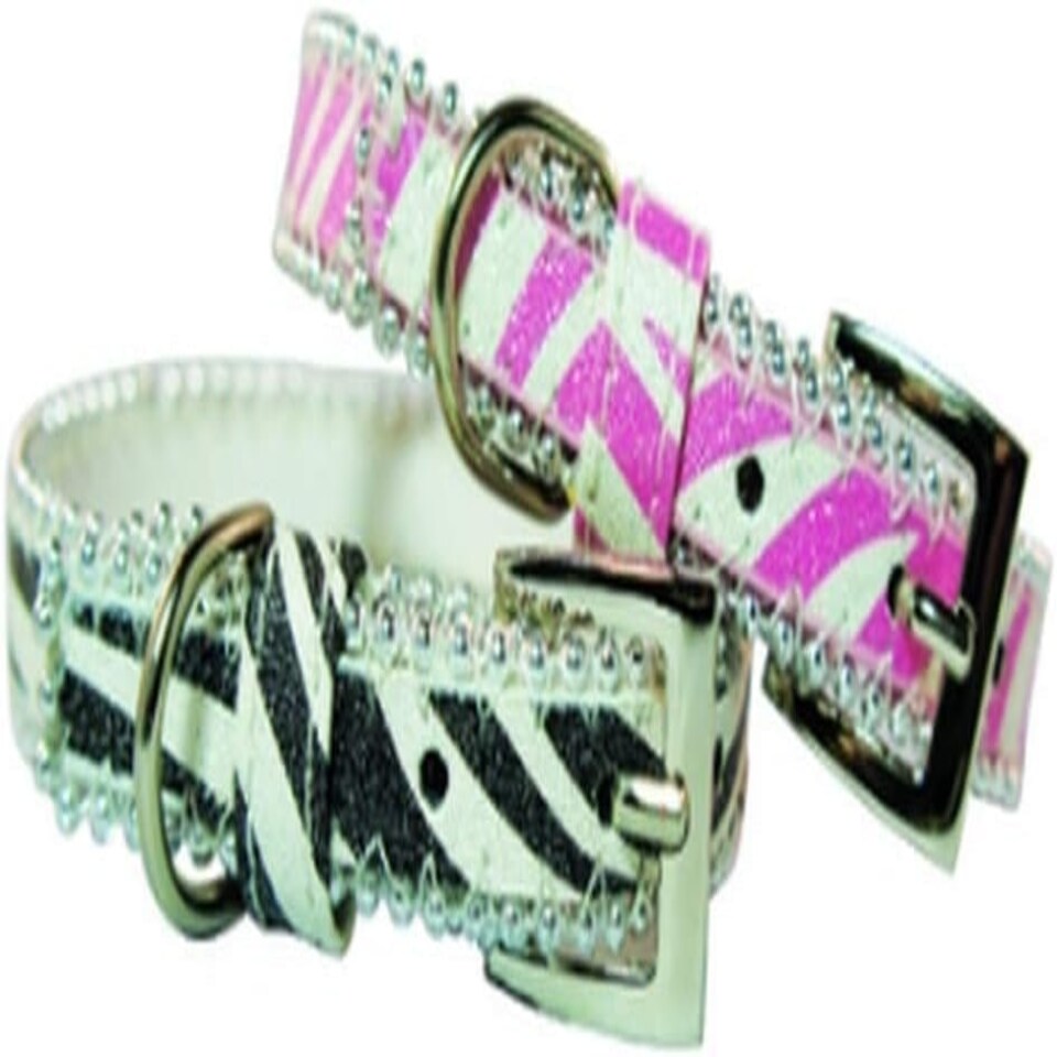 Pet London Glitter Zebra Print Dog Collar (L) (Pink)