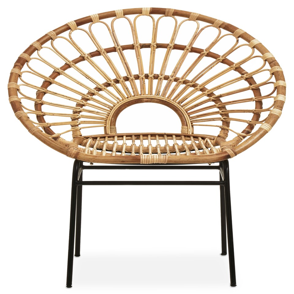 image 1 of Interiors by Premier Brown Natural Rattan Sunflower Back Chair with Black Metal Legs, Hand Woven Rattan Dining Chair Brown