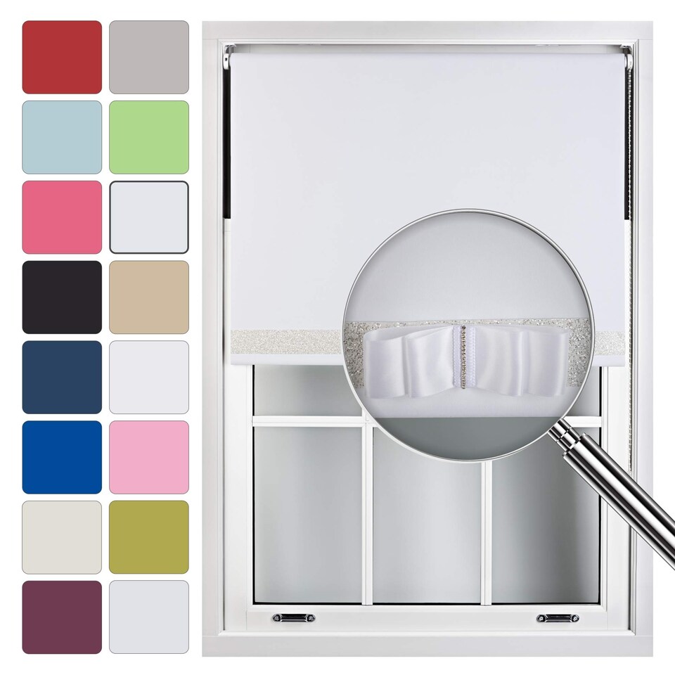 image 1 of FURNISHED Blackout Roller Blind with White Glitter Trim and White Bow Cut to Size | White | White | (W) 180cm x (L) 165cm