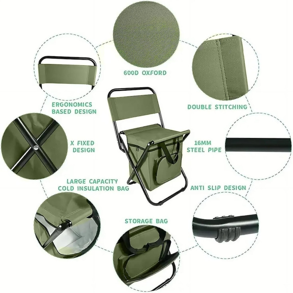 image 1 of 2X Folding Camping Chair Lightweight Foldable Fishing Chairs Portable Camping Chair Cooler Bag Outdoor Backrest Stool