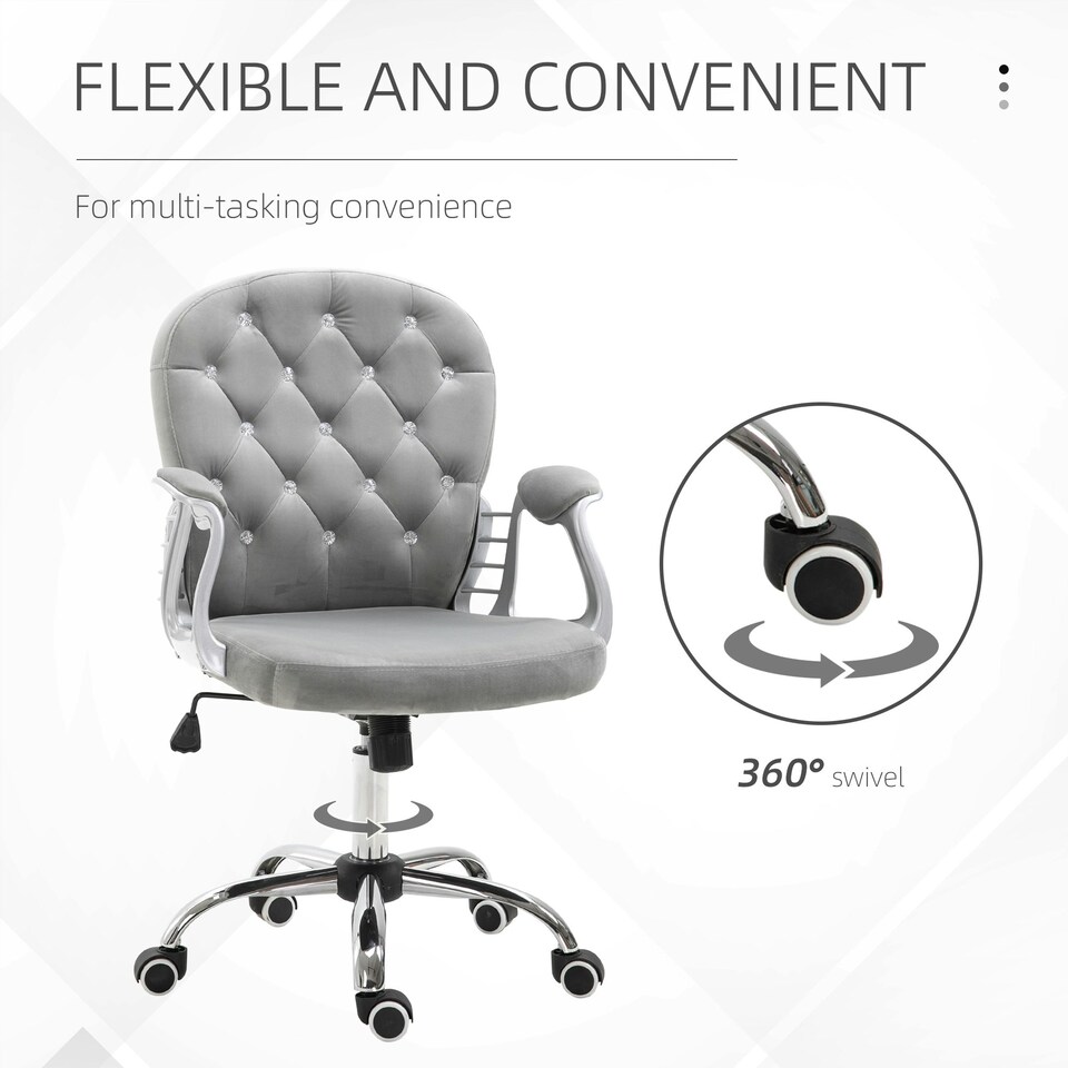 image 1 of Vinsetto Office Chair Velour Diamond Tufted Padded Ergonomic 360° Swivel Grey