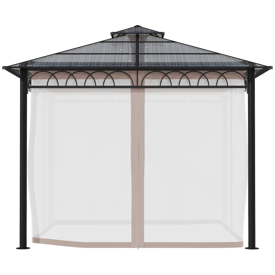image 1 of Outsunny 3 x 3 m Outdoor Polycarbonate Gazebo Double Roof Hard Top Gazebo with Galvanised Steel Frame Nettings Curtains for Garden Lawn Patio and Deck Khaki