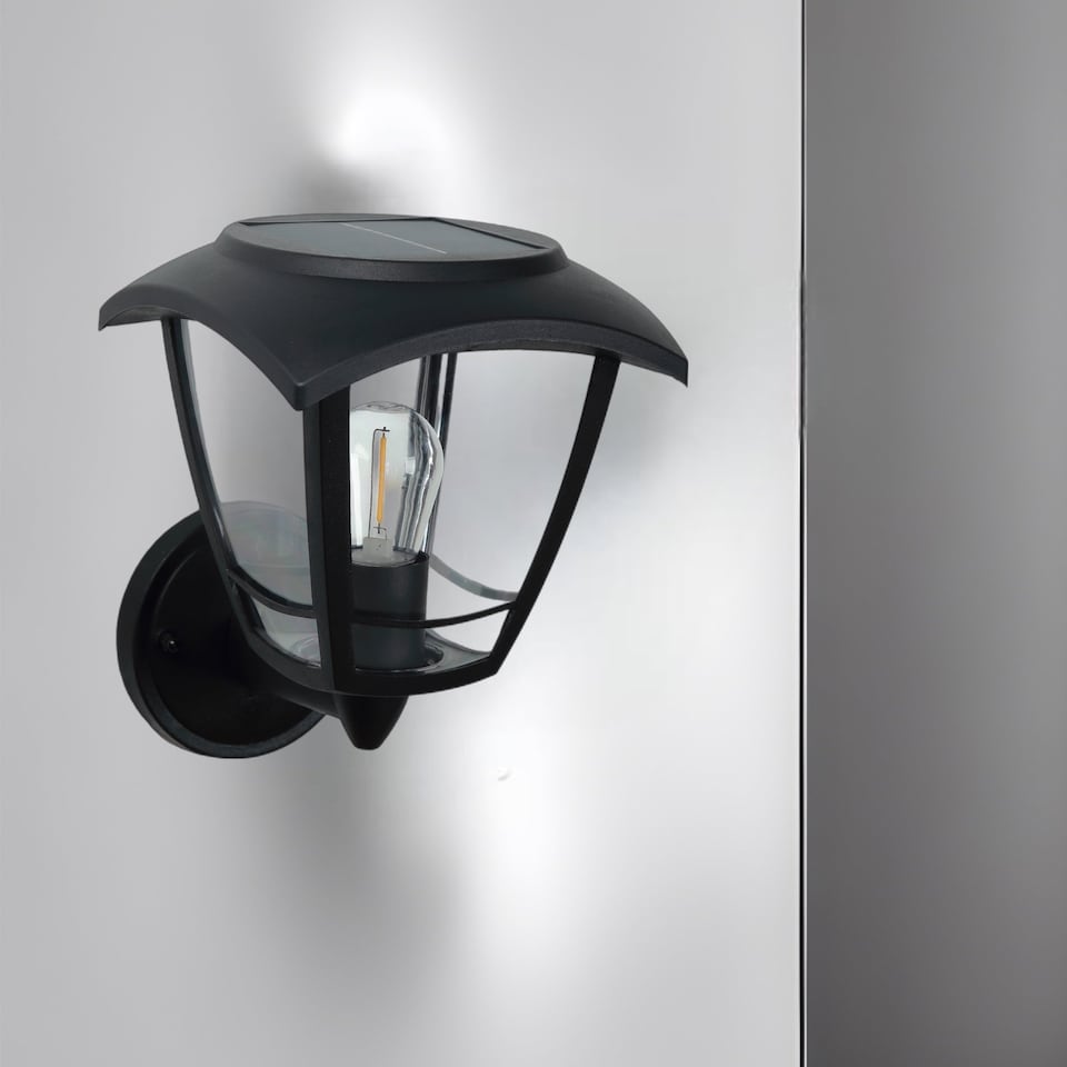 image 1 of CGC LARA Black Solar Outdoor Wall Lantern Traditional Filament Warm White LED IP44 | Black | Black | Height: 23 cm, Depth: 19.5 cm, Width: 16.6 cm