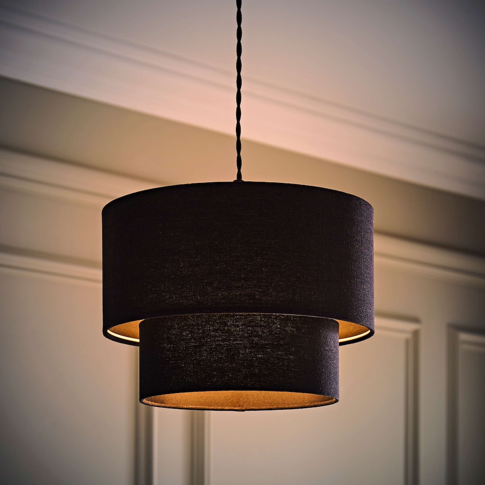 image 1 of ValueLights Jodie Two Tier Black Linen Ceiling Drum Lamp Shade | Black