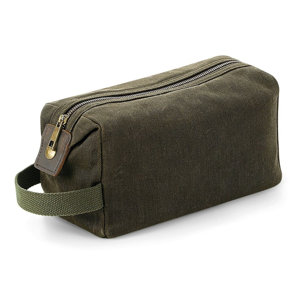 image 1 of Quadra Heritage Leather Accented Waxed Canvas Wash Bag - Olive Green - One Size | Green