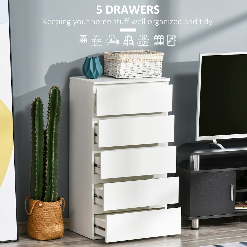 image 1 of HOMCOM 5 Drawer Cabinet Storage Cupboard Sideboard Organiser Living Room White