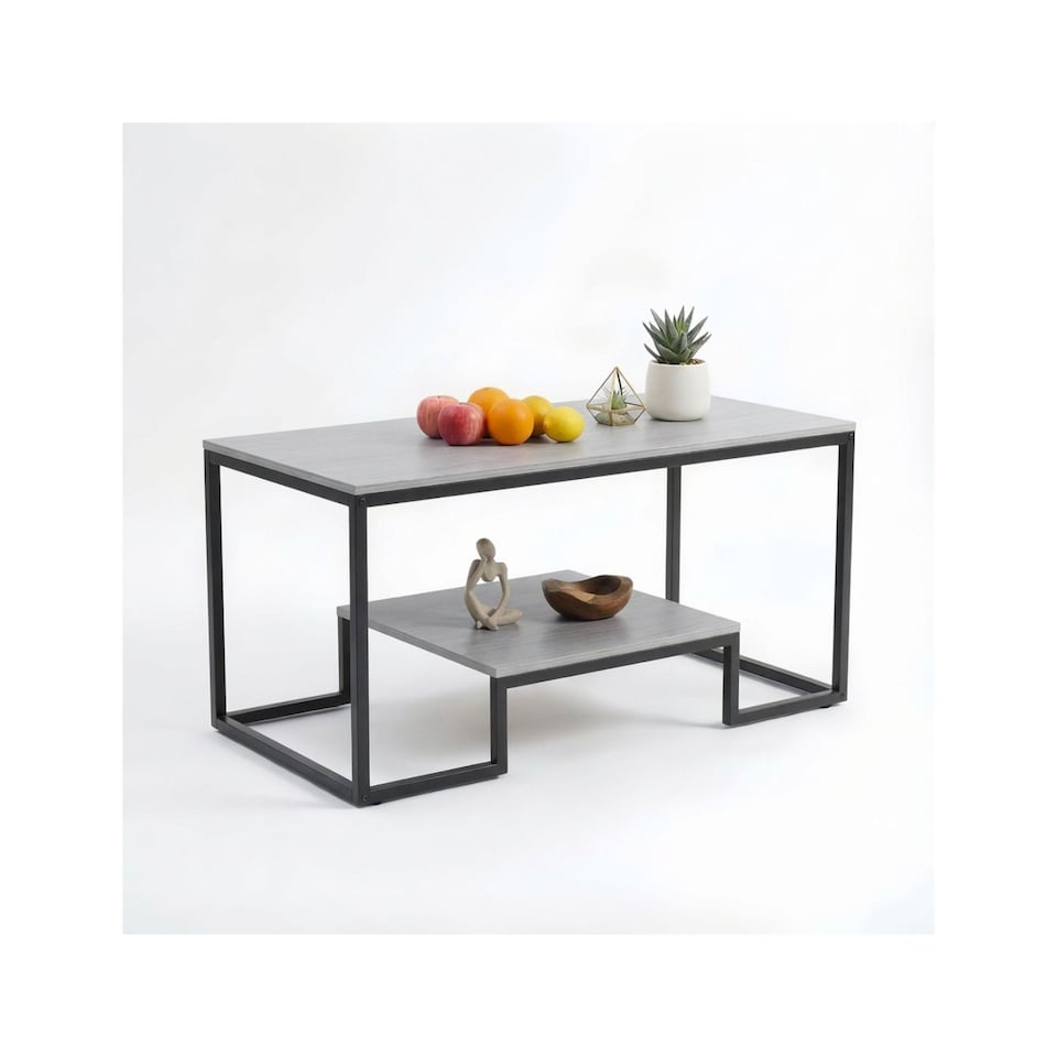 image 1 of Alivio Modern Coffee Table with Metal Frame & Shelves Storage (Grey)