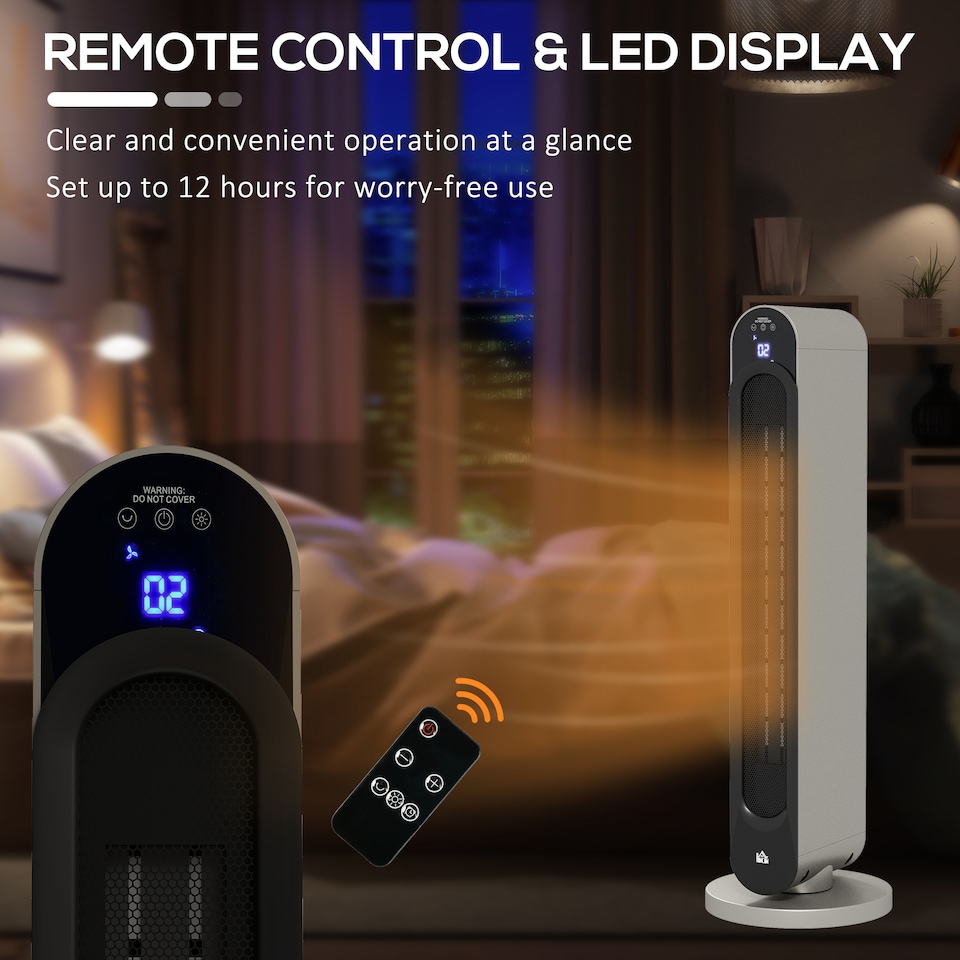 image 1 of HOMCOM 30 Inch Electric Heater with Fan, 2200W Ceramic Tower Heater with Remote Control, 45 Oscillation 12-Hour Timer, Energy Efficient, Overheat Tip Over Protection for Home, Silver Tone