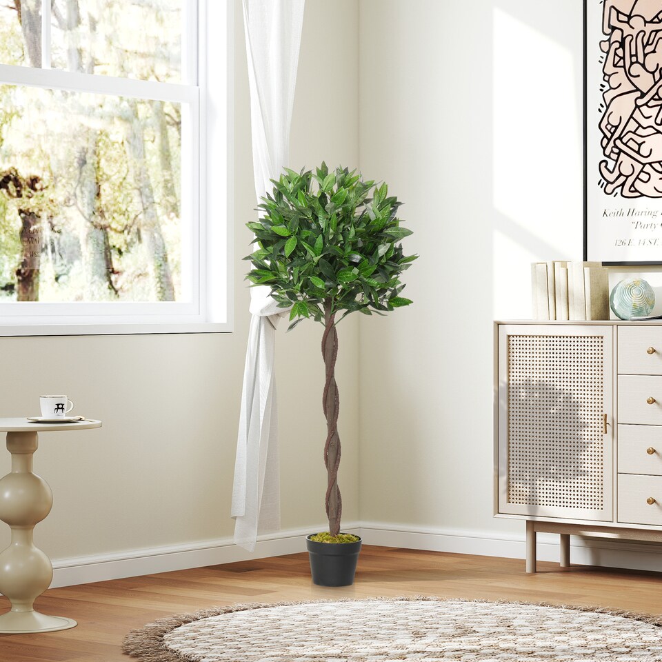 image 1 of Outsunny Artificial Bay Laurel Topiary Trees w Pot Fake, Set Of 2 120cm4FT Indoor Greenery Plant Home Office Garden Decor Green