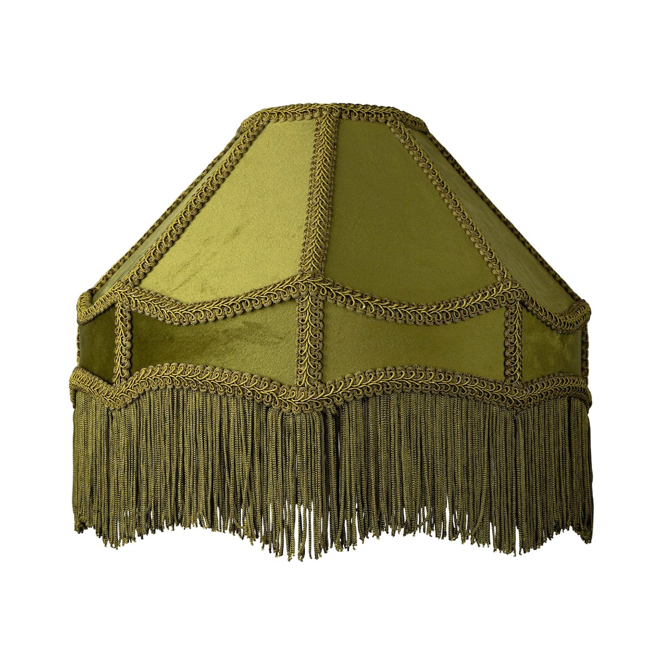 image 1 of Traditional Victorian Empire Lamp Shade in Olive Green Velvet with Long Tassels | Green | 12"