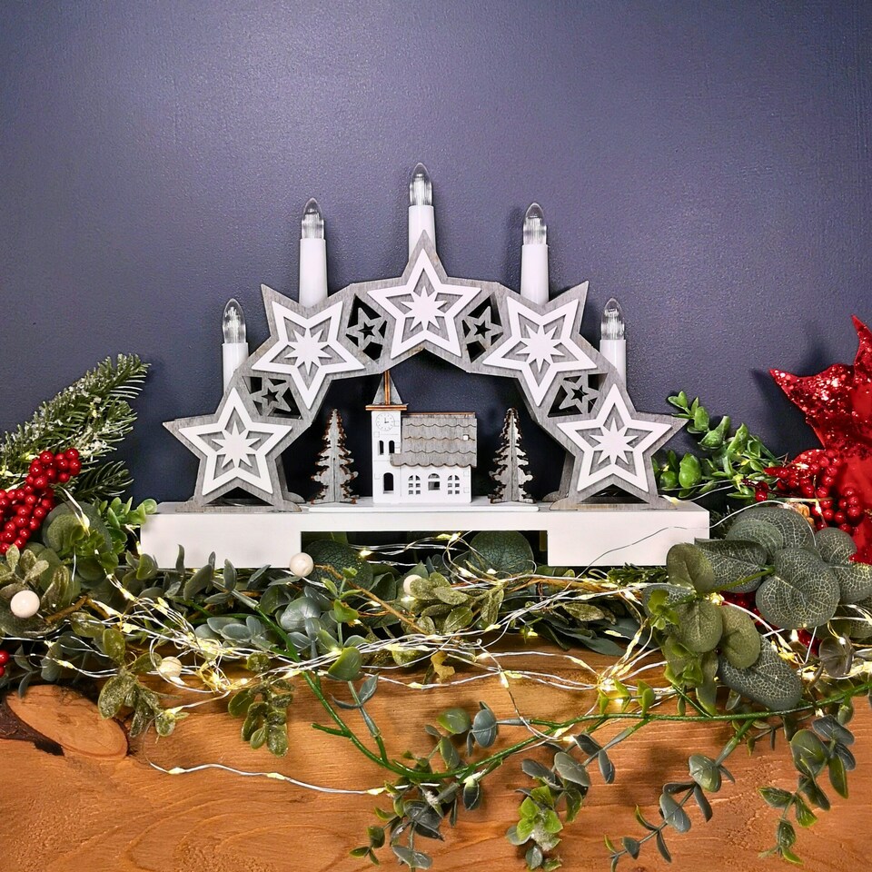 image 1 of 32cm Battery Operated Star and Village Candle Bridge Christmas Decoration