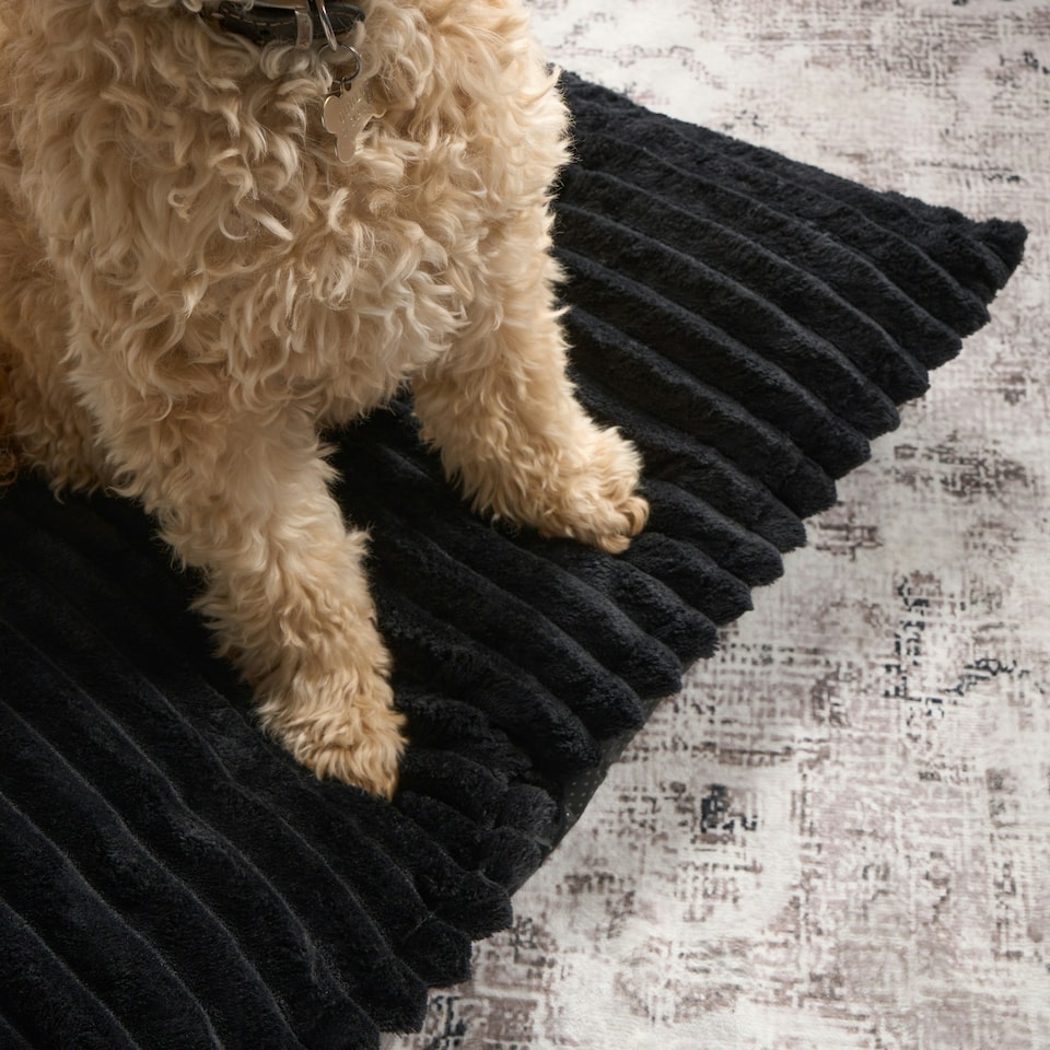 image 1 of OHS Ribbed Fleece Rectangular Soft Warm Cosy Plump Plush Pet Dog Cat Cushion Bed, 80x60cm Black | L