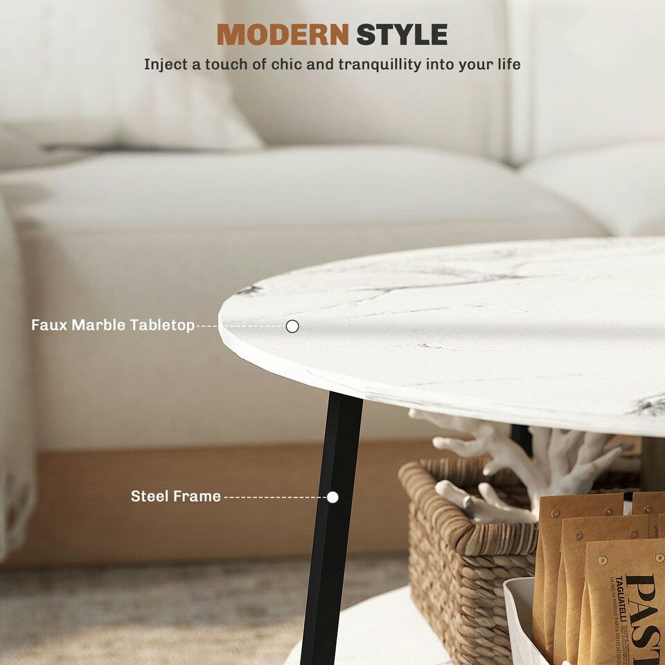 image 1 of HOMCOM Round Coffee Table with Storage Shelf and Marble Effect Top, White