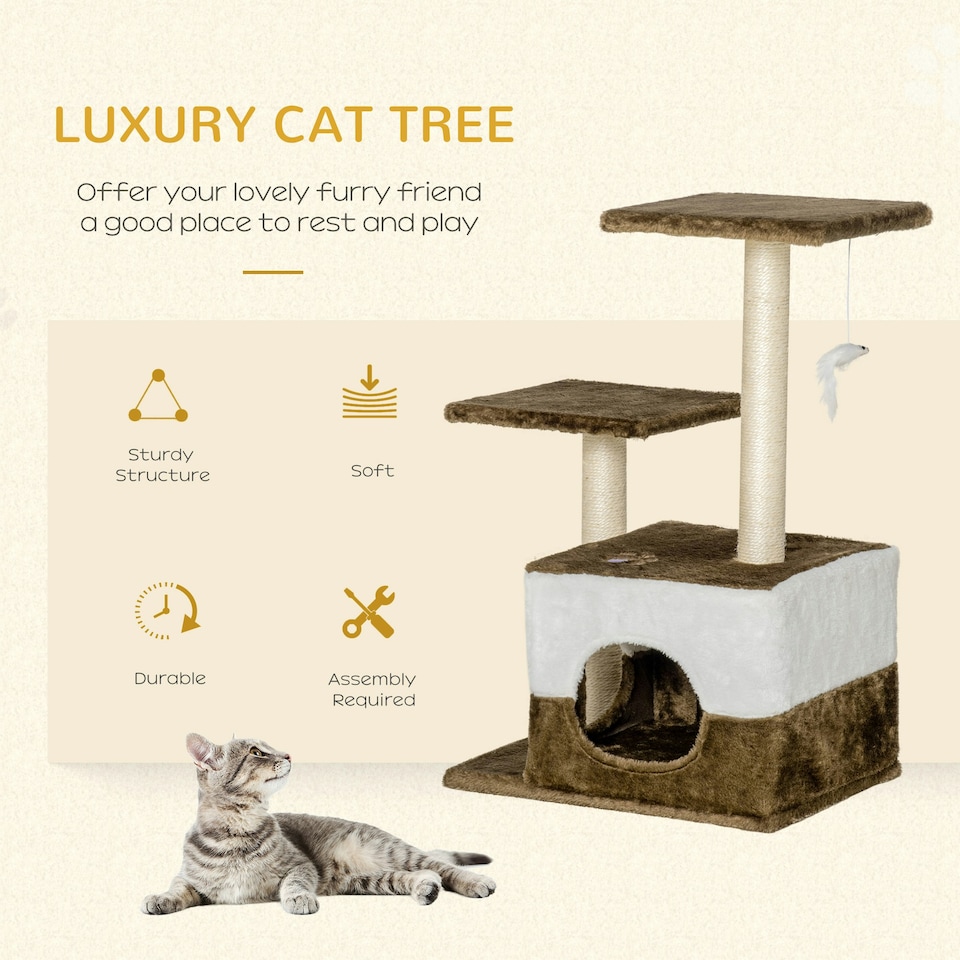 image 1 of PawHut Cat Tree Tower Kitten House Scratching Post with Mouse Toy Brown