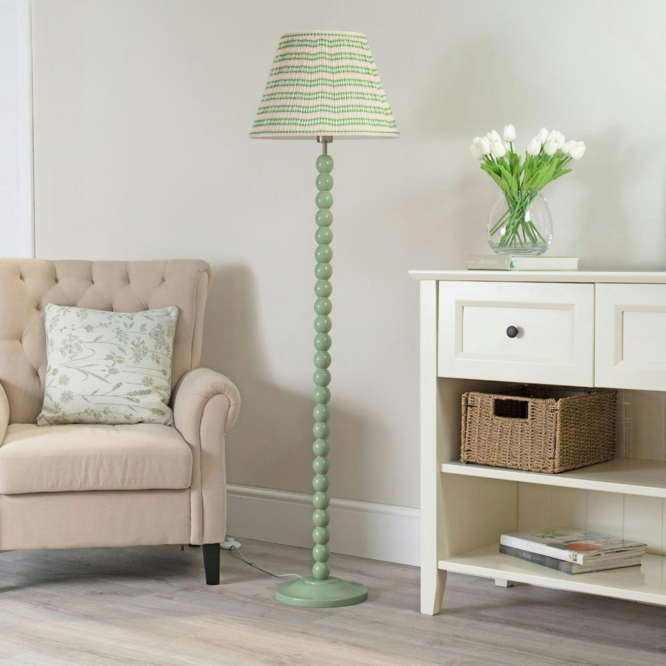 image 1 of ValueLights Bobbles Sage Green Bobbin Floor Lamp with Pink Aztec Pleated Shade